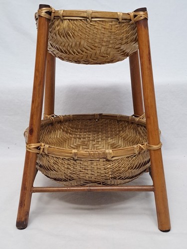 2-Tiered Bamboo Wicker Basket - Kitchen Fruit Craft Trinkets Storage Vintage 12" - Picture 4 of 12