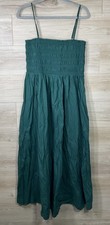 NEW Smocked Green Midi Dress L LOFT Cotton Strappy Cottagecore Sundress Pockets