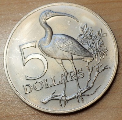 1974 Trinidad & Tobago 5 Dollars Scarlet Ibis Copper-Nickel Matte Unc.