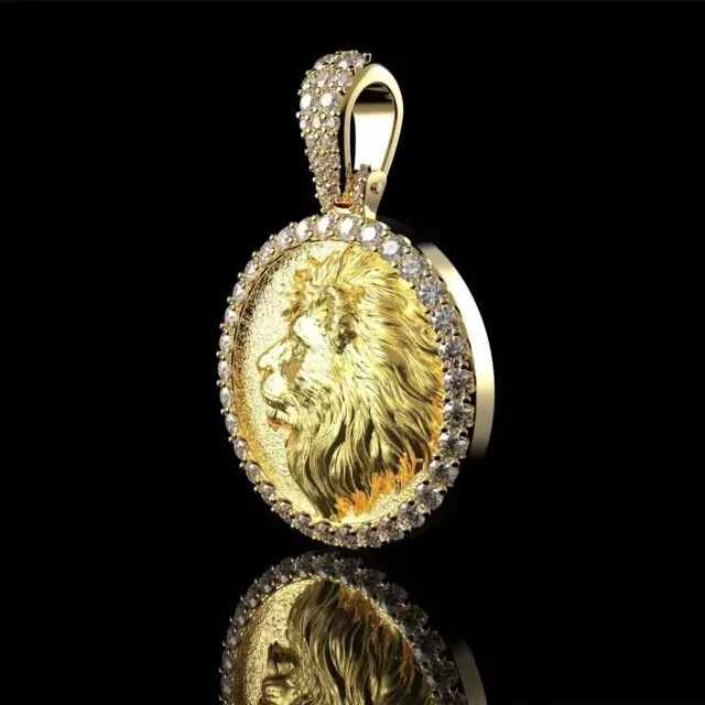 14K Yellow Gold Plated 1.50Ct Round Cut Real Moissanite Lion Men's Style Pendant - Image 2 of 4