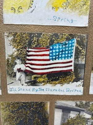 Antique PHOTO COLLAGE Tinted USA FLAG 4th July 250 Years, Mohair Bear Scrapbook