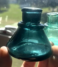 RARE DEEP TEAL BLUE COLORED CONE INK BOTTLE CRUDE LIP 1880'S ERA CLEAN L@@K
