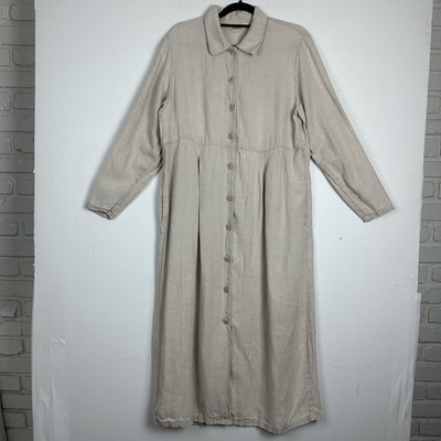 Vtg Eddie Bauer 100% Linen Maxi Dress Beige Button Up Lagenlook Modest 90s L