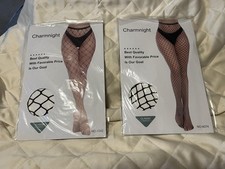 CHARMNIGHT FISHNET PANTYHOSE STOCKINGS BLACK ONE SIZE FITS MOST 2 PKS NEW