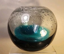 VTG Handblown Mid Century Art Blue-Green Bubble Glass Vase 6.5" Diam. Cool! 