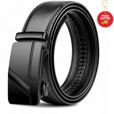 Men's Ratchet Belt PU Automatic Buckle Adjustable Dress Casual Black