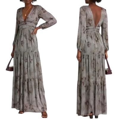 Ba&sh Womens Dress Metallic Deep V-Neck Long Sleeve Maxi Floral Silver Lili Gown