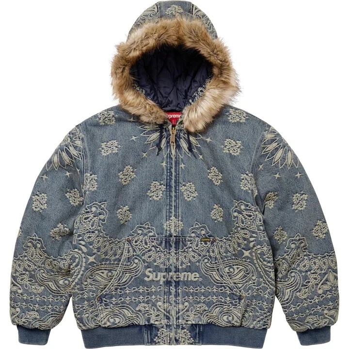 VESTE DE TRAVAIL À CAPUCHE DENIM JACQUARD BLEU BANDANA SUPREME WEEK7 FW25 TAILLE GRAND