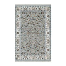 5' x 8' Beau Blue Wool and Silk Nain with Flower Design Hand Knotted Rug R91052