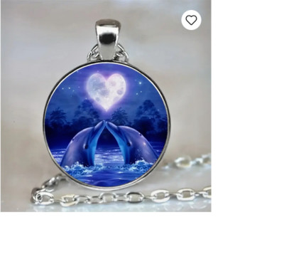 BLUE DOLPHINS MOON HEART Pendant On 22'' 925 Sterling Silver Necklace Gold Gift