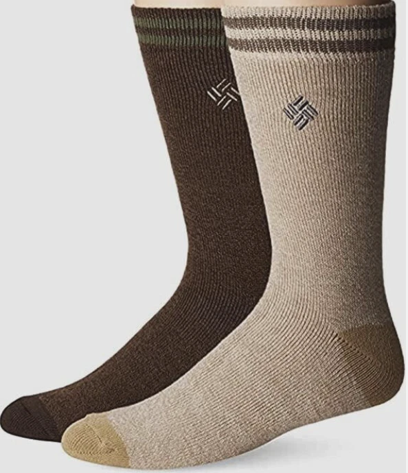 Columbia 2-Pack Mens Thermal Crew Socks Size: 6-12 Brown/Khaki Fleece Inside