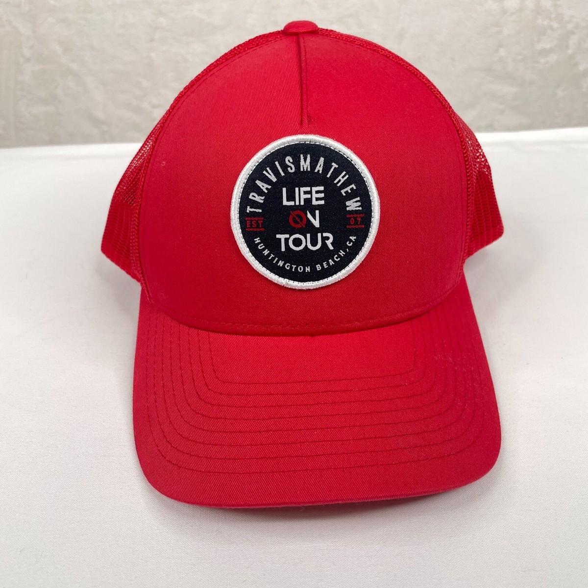 Travis Mathew Trucker Snapback Cap Red Hat Life On Tour Huntington Beach CA