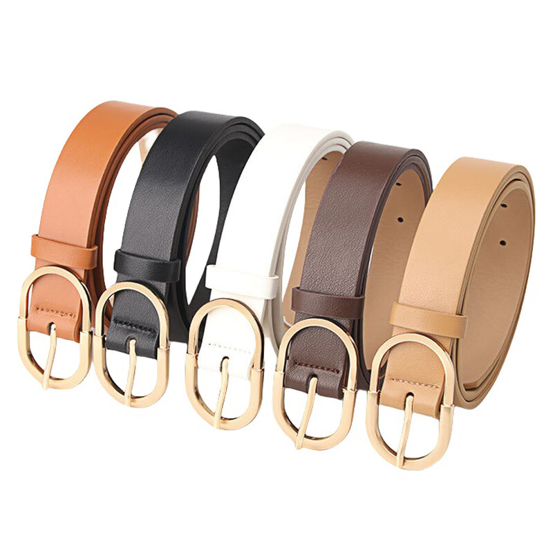Women Metal Gold Oval Buckle Skinny Faux Leather Jeans Belt  display picture 1