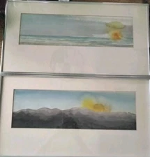 2 Originals J.Merrill Watercolors Baja Sunset Seascape Beach Ocean Horizon 21x11