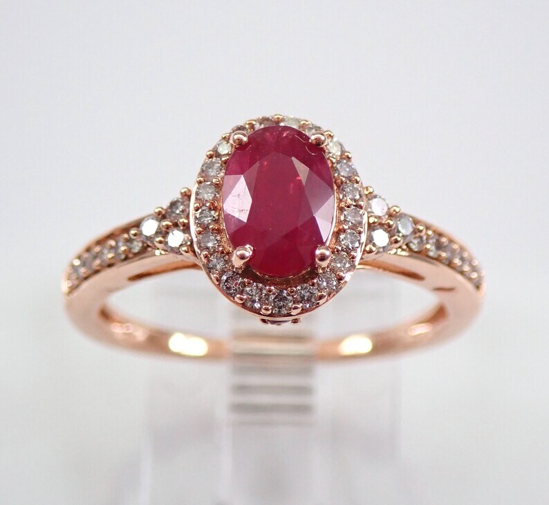 0.70 Carat Diamond & Created Ruby Ring In 10K Rose Gold - Center Ruby 0.45ct, Side Diamonds 0.25cttw