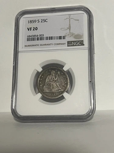 1859 S 25C NGC VF 20 Seated Liberty Silver Quarter, RARE Date, Original Coin