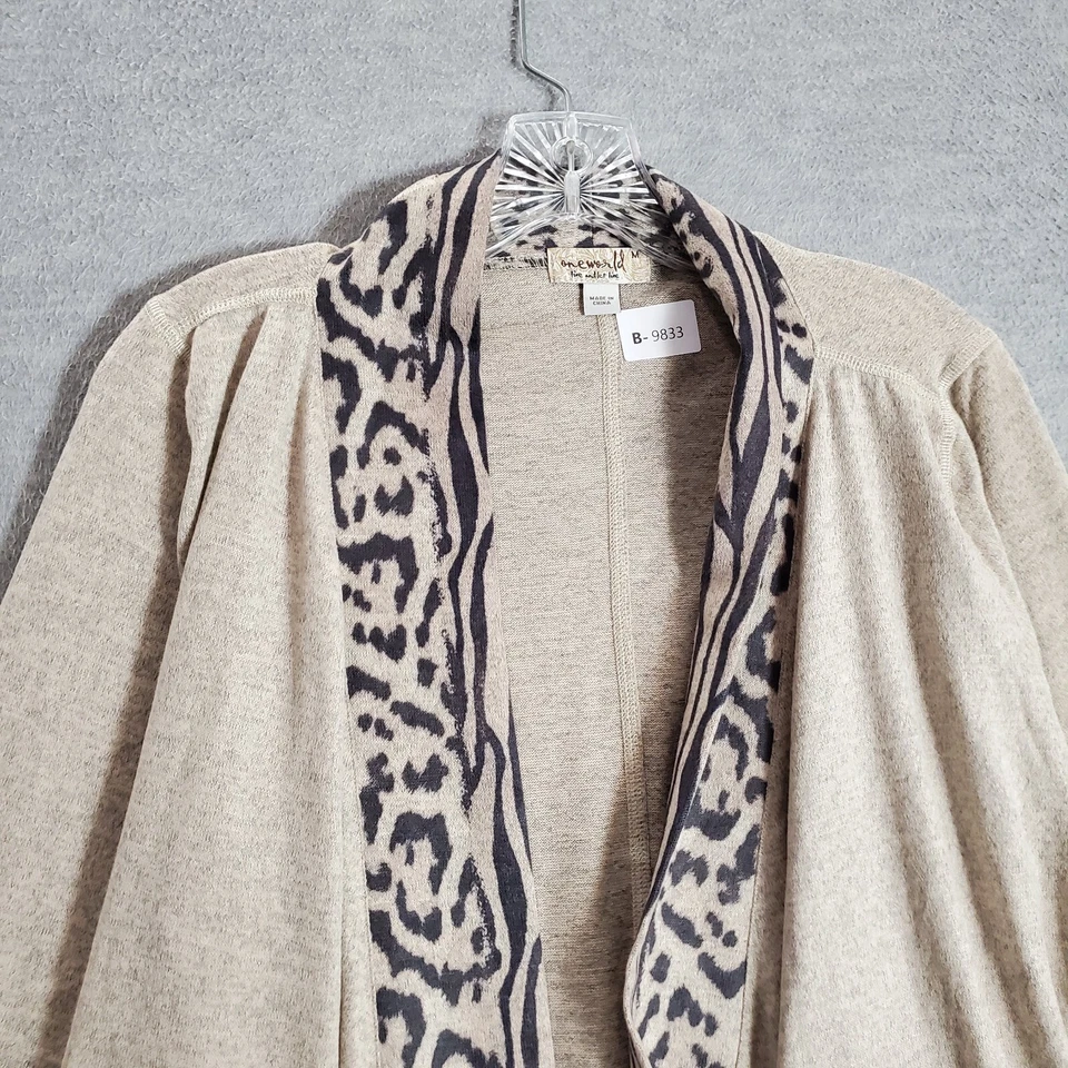 One World Women Sweater Medium Brown Leopard Cardigan Zebra Open Front NWT - Image 4 of 4