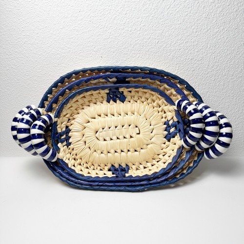 Raffia geflochtene Nistkörbe Keramik handbemalte Griffe Maritim Küste