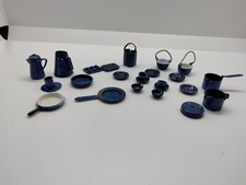 Vintage Miniature Enamelware Blue Speckled Dishes Pans Cups Bowls 25 Pieces