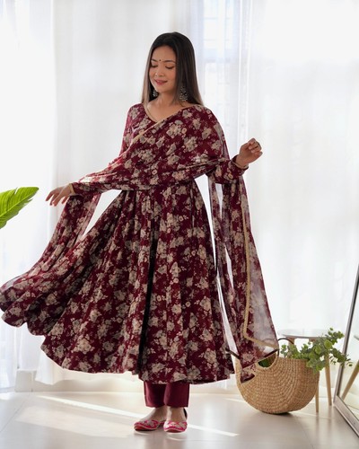 Georgette Floral Long Anarkali Indian Ready to Wear Party Special long sun dress - 第 24/25 張圖片