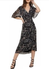 Mint Velvet Black Leaf Floral Midi Dress Flutter Sleeve Ruffles Tie V-neck UK 10