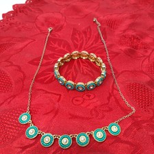 Turquoise Crystal  Gold Tone Necklace And Stretch Bracelet Set Faux