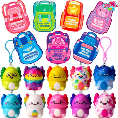 28 Pcs Valentines Axolotl Squeeze Toys with Cards Classroom Party Favors for Kid