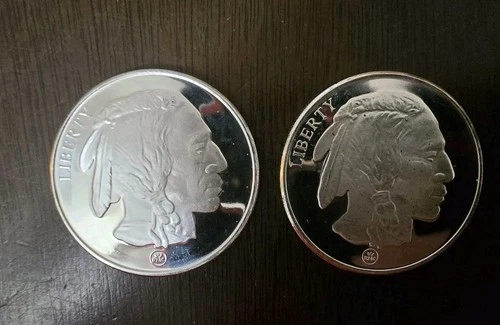 (2)  1 Oz Buffalo / Indian Head (RMC) Silver Round, .999 Fine Some Milk Spotting