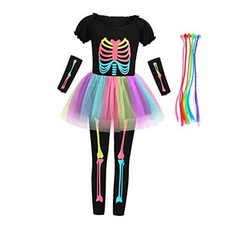 Girls Skeleton Costume Glow in The Dark Punk Bones Halloween Tutu Dress 4-6Y