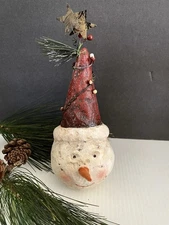 Primitive Style Christmas Winter Snowman Red Stocking Hat Carrot Nose Decor