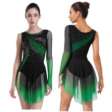 Women Ice Skating Leotard Gradient Irregular Mesh Hem Bodysuit Ballet Dancewear