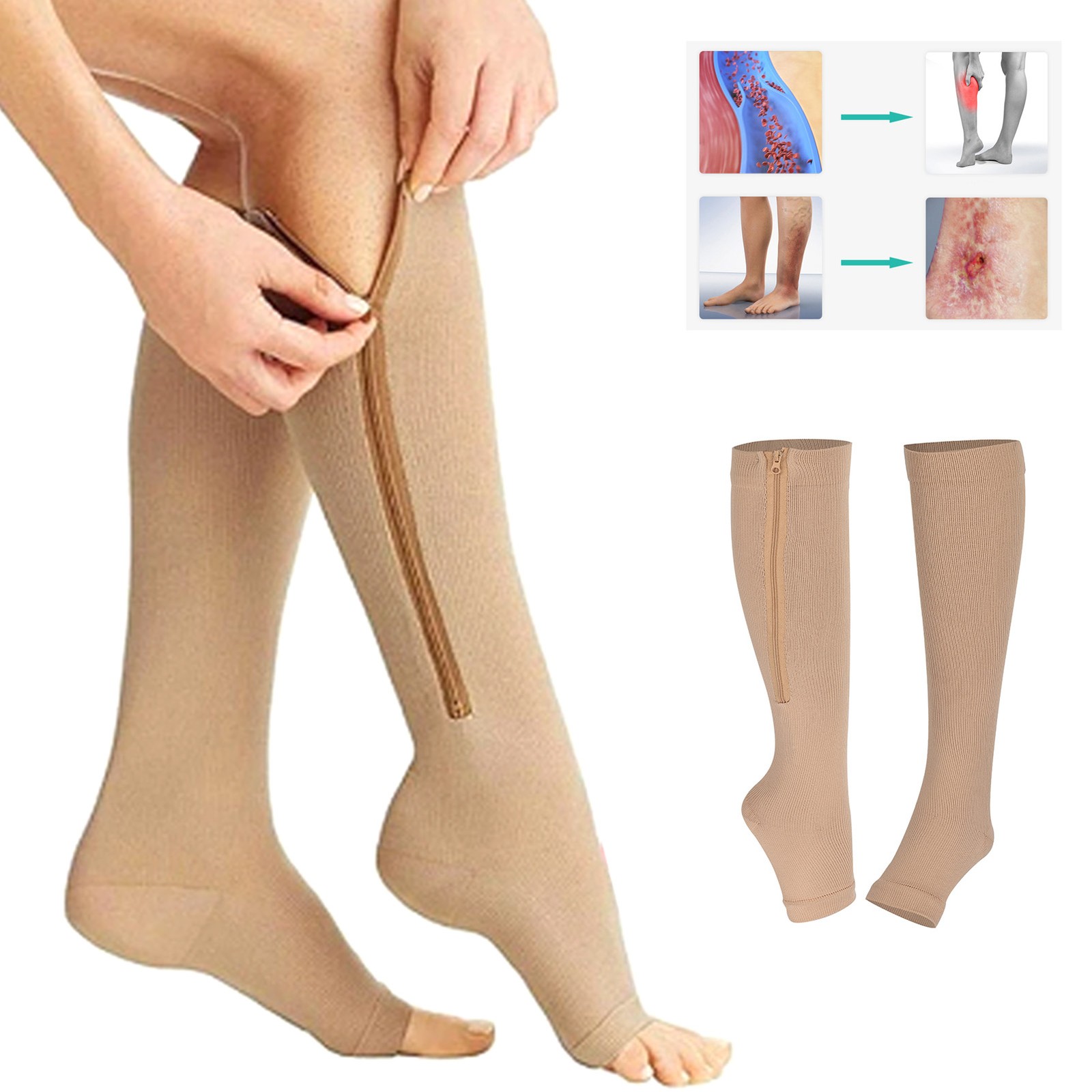 2pcs Zippered Compression Socks Support Stockings Elastic Open Toe Leg Support S