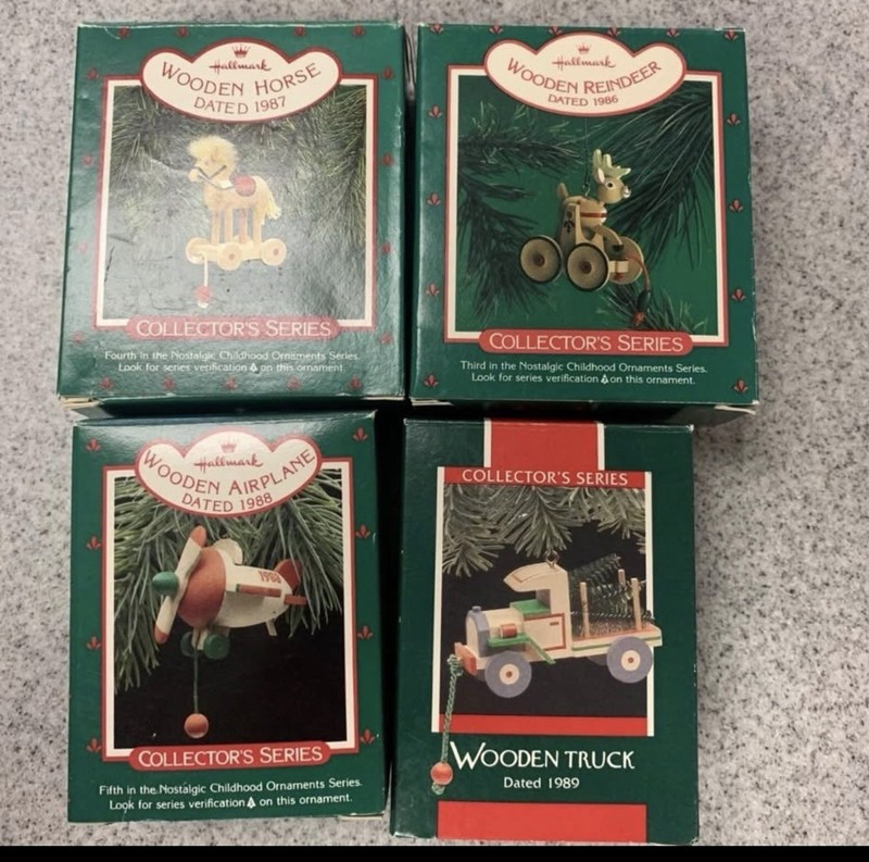 NIB Vintage Hallmark Ornament 1986 Wooden Reindeer, Horse, Plane, Truck