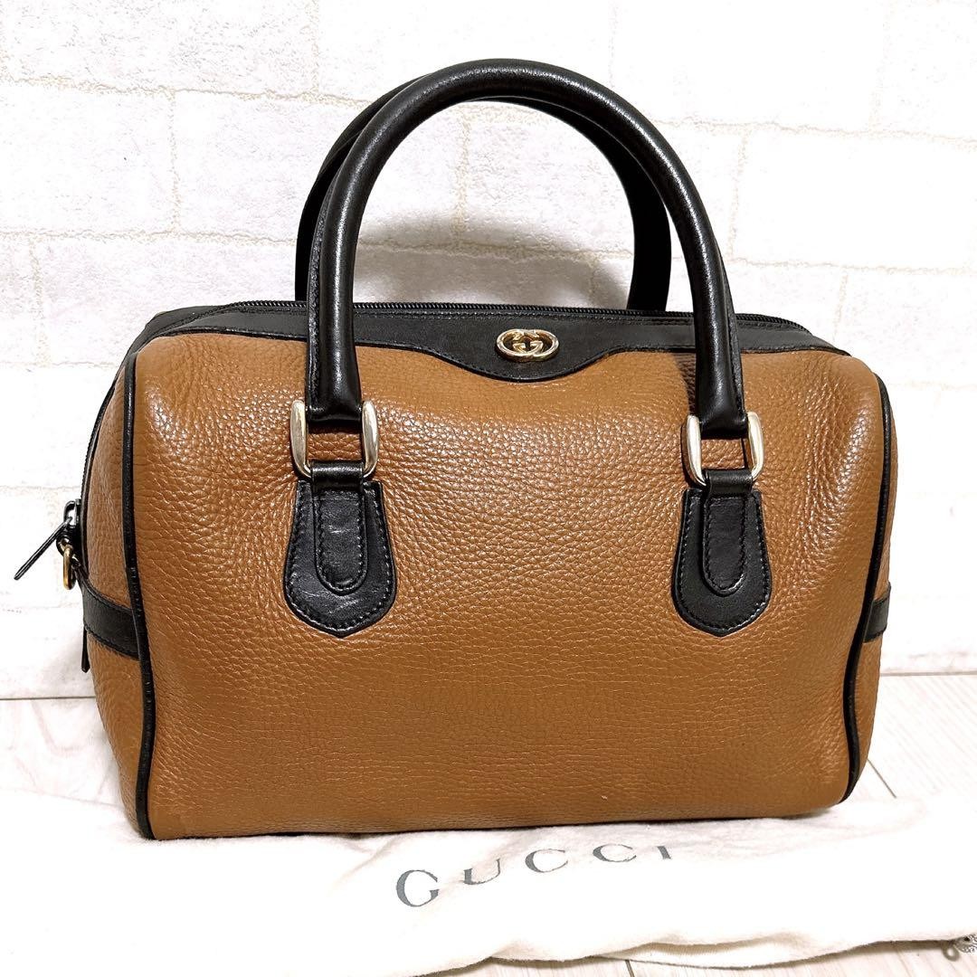 Gucci Vintage Camel and Black Leather Handbag 19x28x13cm Pre-Owned