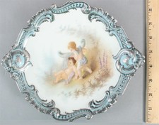 Antique French Limoges Signed Silver Overlay Porcelain Plate Angel Painting, NR