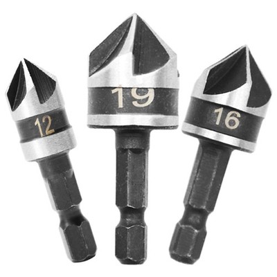 3 PCS Countersink Drill Bits Set Hex Shank High Speed Steel 5 Flute 90 Degree