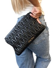 Miu Miu Vintage Logo Gather Clutch Bag Handbag Matelasse Gold Black Leather