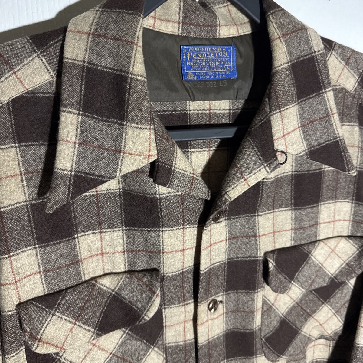 Vintage Pendleton Wool Board Shirt Loop Collar Brown Plaid Men's L