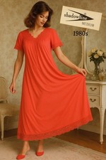 Vintage 1980s Shadowline Nightgown Coral Red Medium Nylon Lace Full Length USA