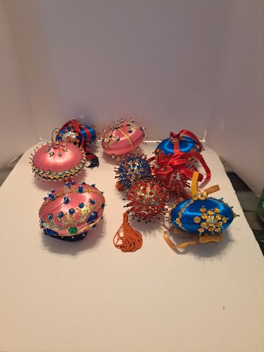 Vintage Set Of 9 Sequin Beaded Pearl Xmas Tree Ornaments Handmade French Country - Picture 13 of 13