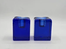 Blenko Cobalt Blue Cube Candle Holders Set Of 2