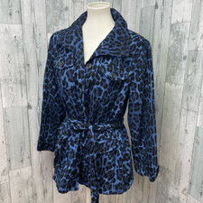 Linea Medium Blue Leopard Spot Belted Long Sleeve Button Up Cotton Blend Jacket