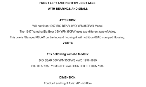 Front Left Right CV Joint Axle for Yamaha Big Bear 350 YFM350FW 4X4 1997-1999 - Picture 2 of 2