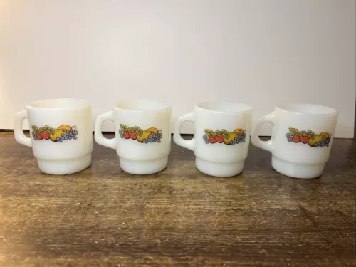 Vtg Fire King Set of 4 Fruit Milk Glass Mugs  Anchor Hocking Natures Bounty MCM