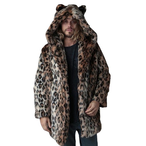 Men's Faux Fur Coat Leopard Mid Long Winter Warm Thick Windbreaker Casual Jacket - Picture 11 of 13