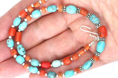 Rare Necklaces with Old Yemenite Red Coral, Iranian Turquoise & 925 Silver Beads - Picture 7 of 7
