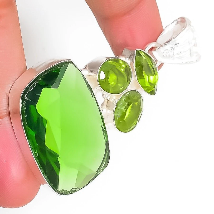 Green Peridot Gemstone Handmade 925 Sterling Silver Ethnic Jewelry Pendant - Image 2 of 4