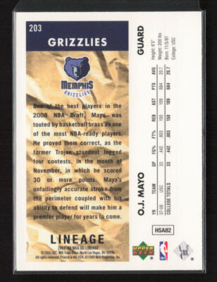 2008-09 Upper Deck Lineage #203 O.J. Mayo Memphis Grizzlies Rookie