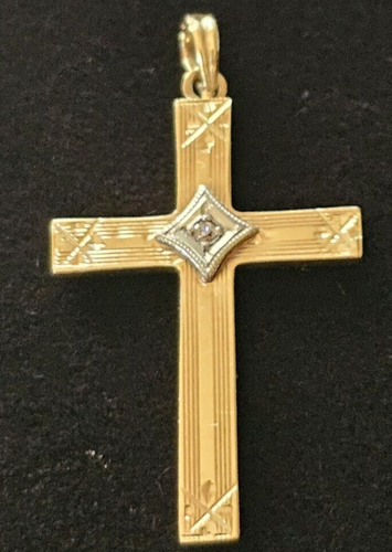 Antique 14k Yellow Gold Cross Pendant with Diamond  Marked Esemco 14k Rare Find - Picture 1 of 10