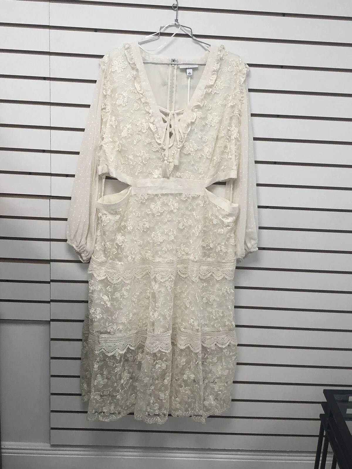 OFF WHITE Abito ritagliato in pizzo Alexis bianco sporco manica lunga taglia 1XL nuovo con etichette